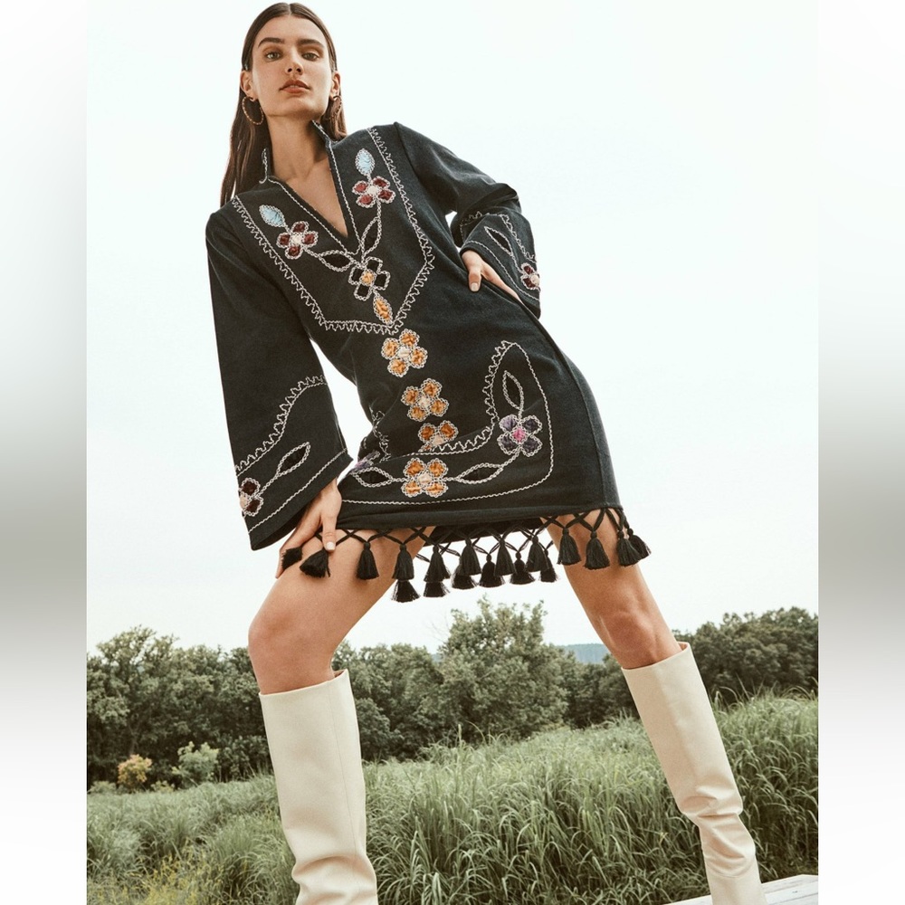 Never worn! Figue XS Catalina Dress - black corduroy with embroidery